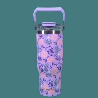 SITARAYURI Flip Straw Tumbler Printed 900ML Purple – Premium Stainless Steel Luxury Insulated Bottle