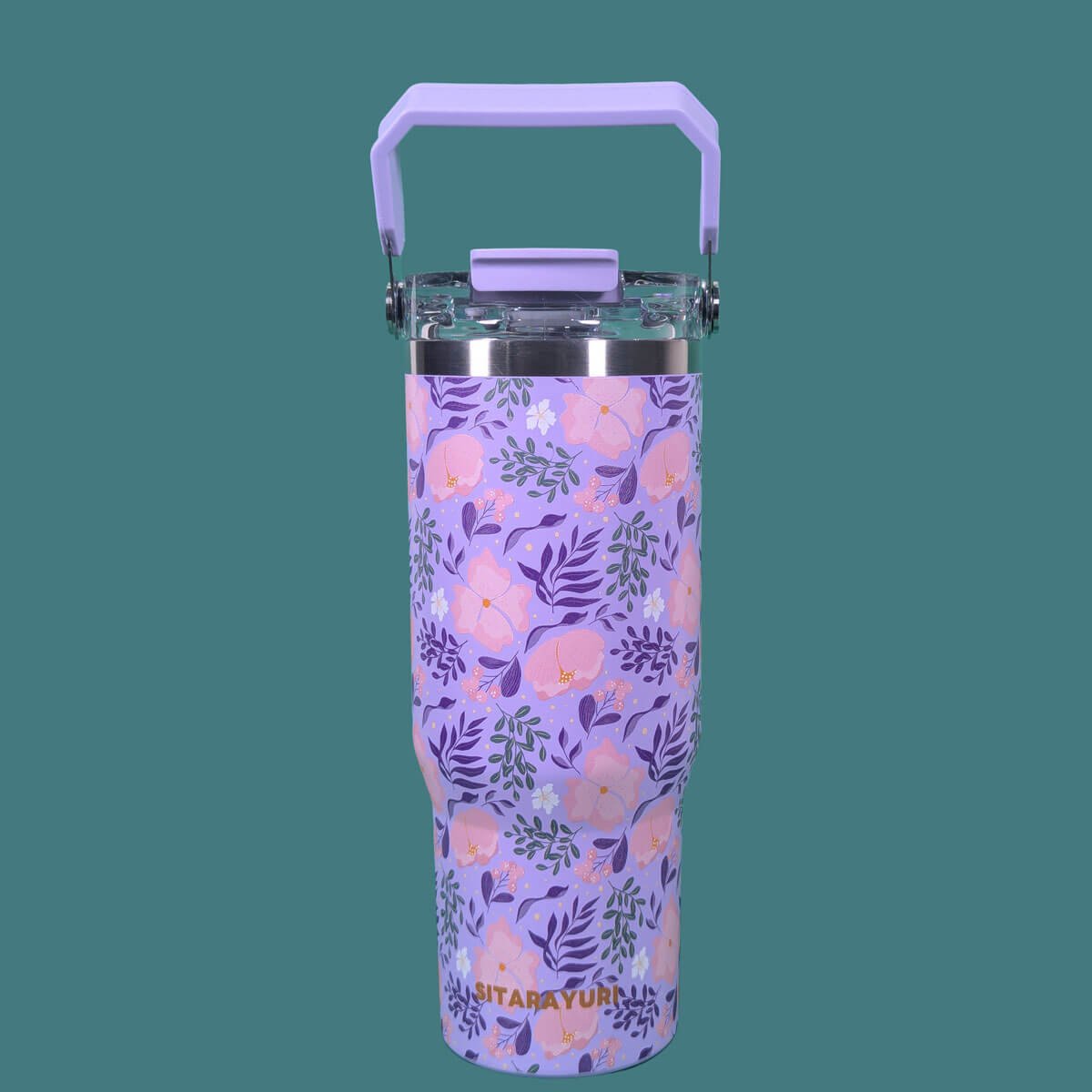 SITARAYURI Flip Straw Tumbler Printed 900ML Purple – Premium Stainless Steel Luxury Insulated Bottle