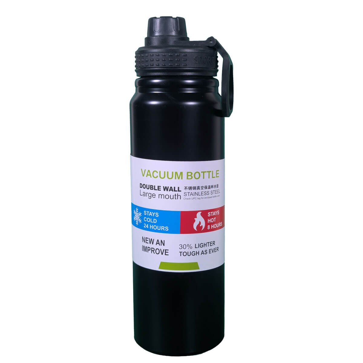 Premium Stainless Steel Sports Bottle 800ML Black – Vacuum Insulated Hot & Cold Water Bottle