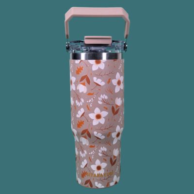 SITARAYURI Flip Straw Tumbler Printed 900ML Brown – Premium Stainless Steel Luxury Insulated Bottle