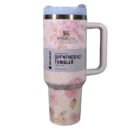 Stanley Premium Original Flower Printed Grey Tumbler – Luxury Insulated 40oz Bottle with Straw & Handle