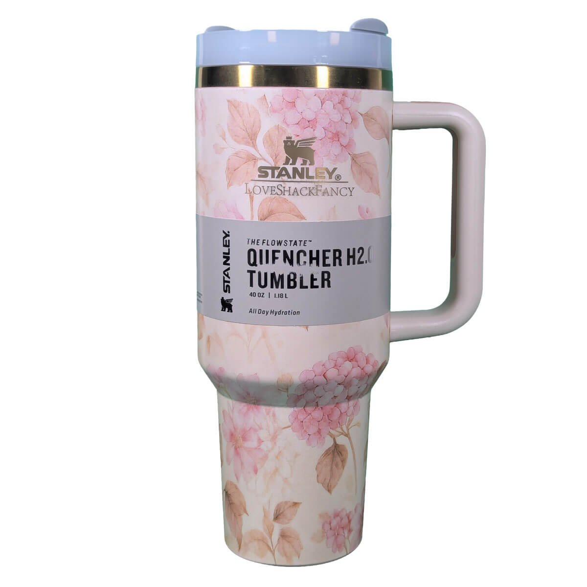 Stanley Premium Original Flower Printed Grey Tumbler – Luxury Insulated 40oz Bottle with Straw & Handle