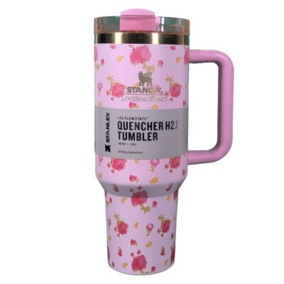Stanley Premium Original Flower Printed Pink Rose – Luxury Insulated 40oz Bottle with Straw & Handle