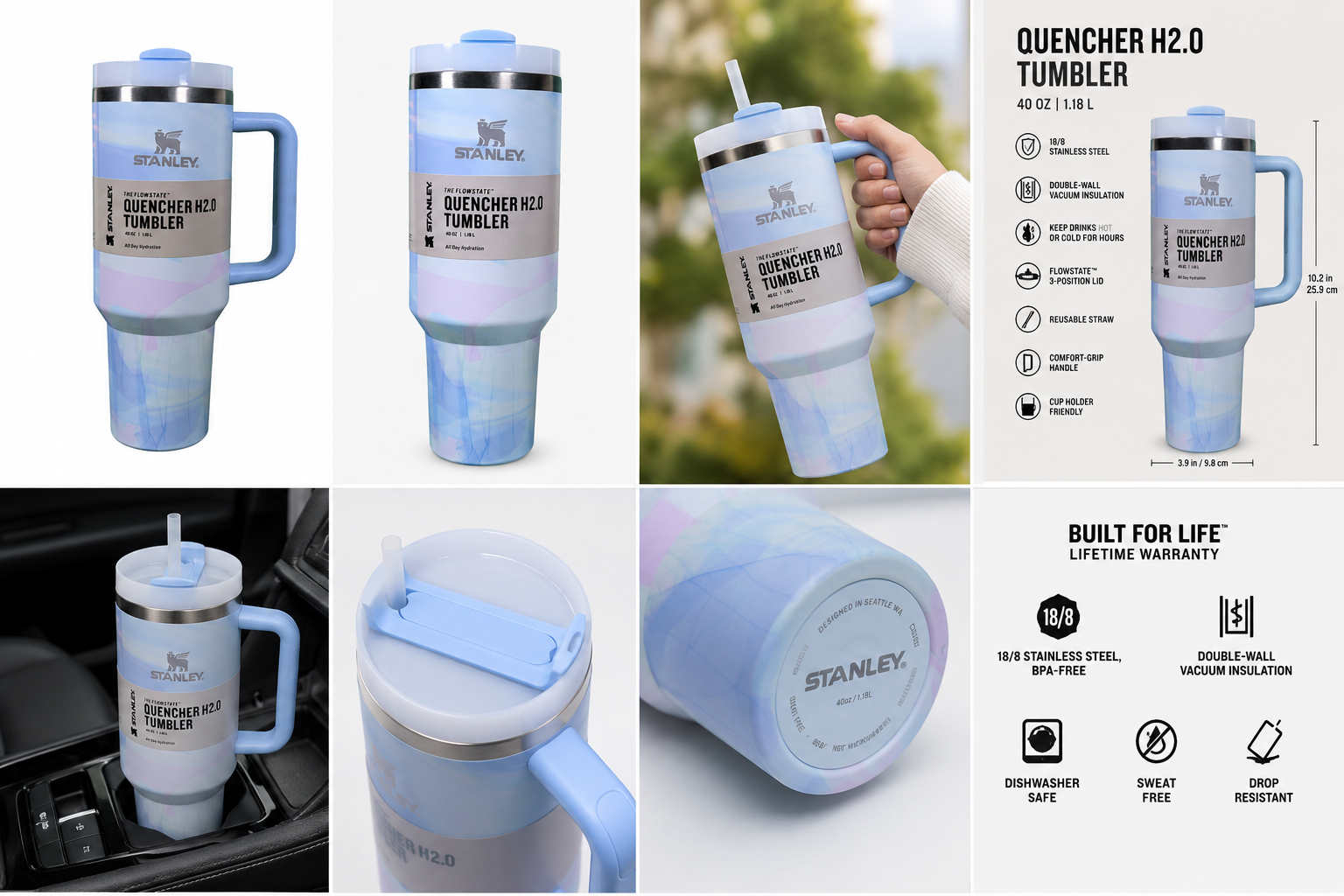 Premium Stanley Original Quencher H2.0 Tumbler 40oz (1.18L) Luxury Marble Edition | Blue - Image 2